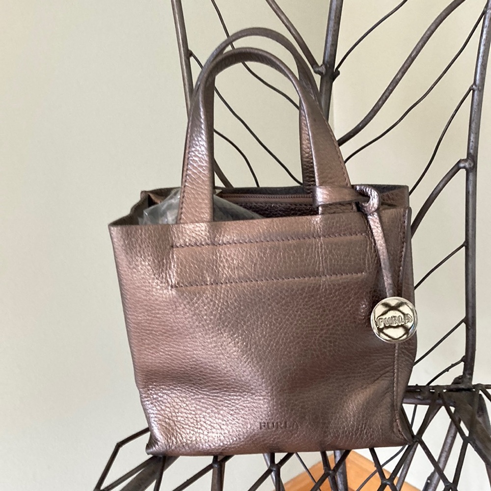 Furla pewter leather satchel handbag.